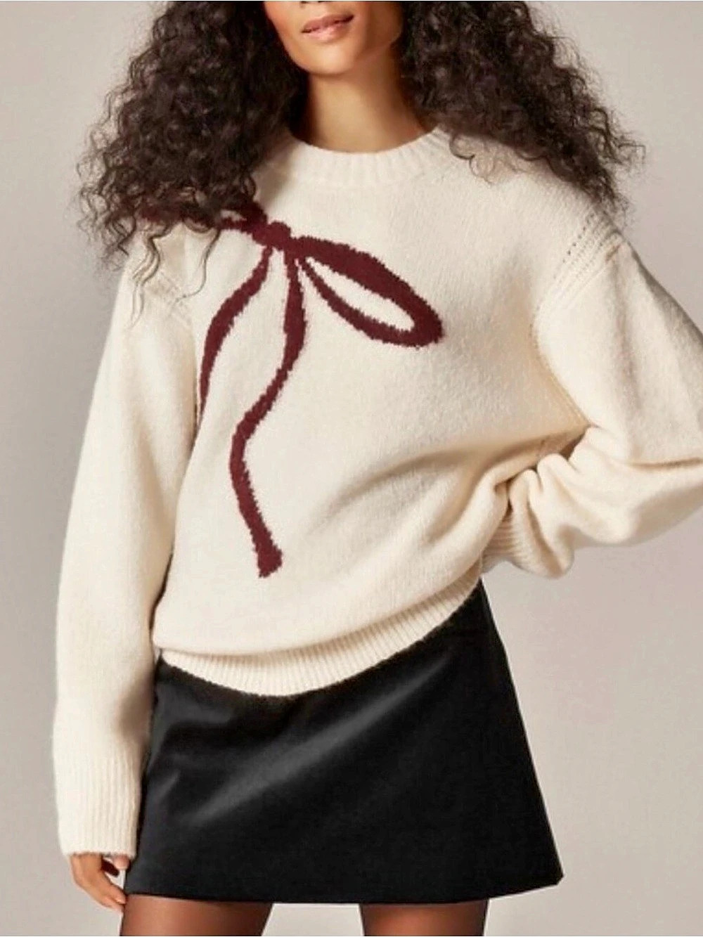 J. Crew Relaxed Merino Wool Blend Crewneck Pullover bow print Sweater Sz XL NWT